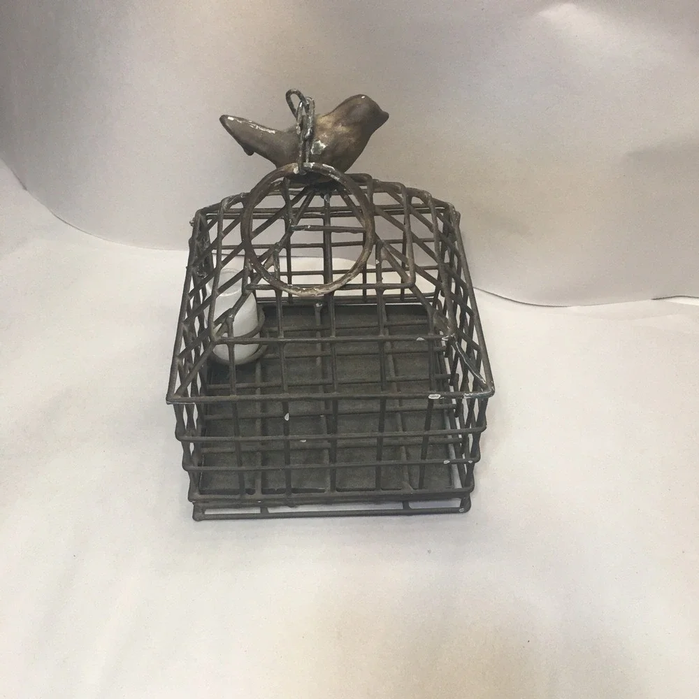 Vintage Iron Metal Bird Cage With Bird On Top w/ Hinge opening,pull Out Tray